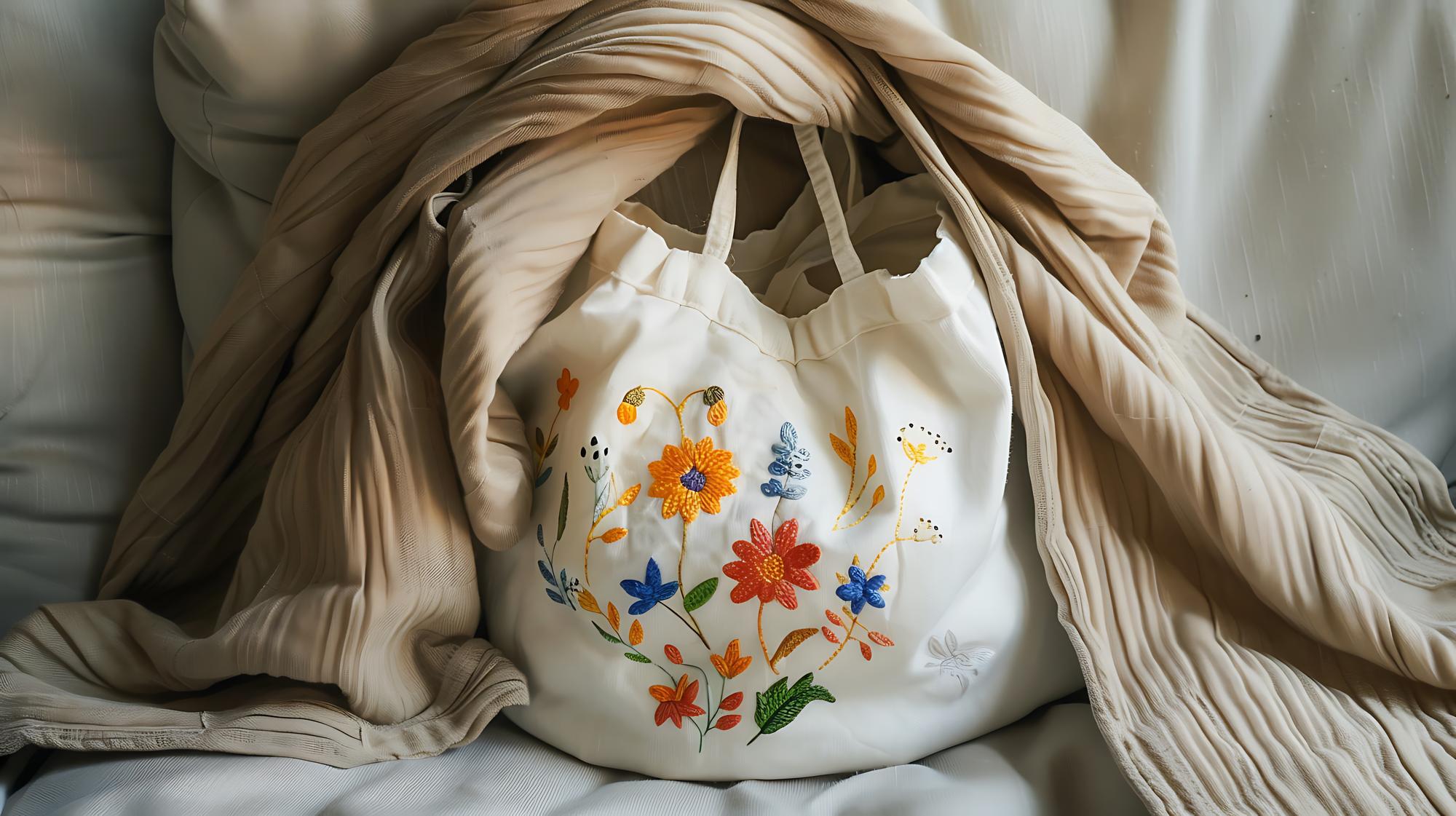 embroidered linen tote close-up